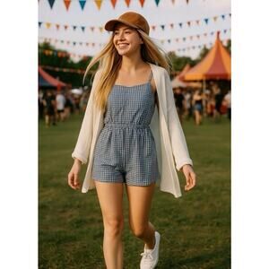 Caroline Constas Womens Gingham Romper Sz M Coquette Blue White Sleeveless